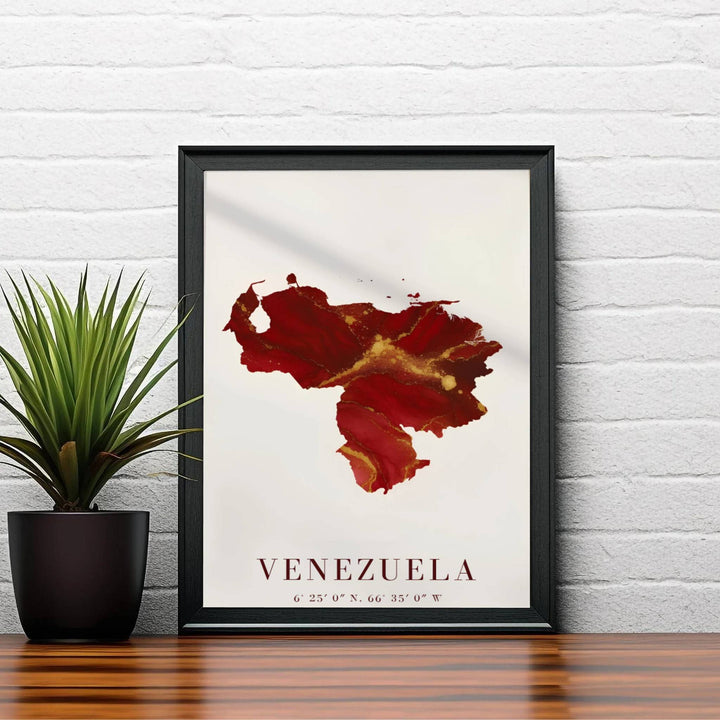 Elegant abstract map print of Venezuela designed for modern living rooms, executive offices, and bedroom gallery walls. A signature piece from MapYourDreams, this artwork comes ready for display as unframed paper, framed art, or stretched canvas.
