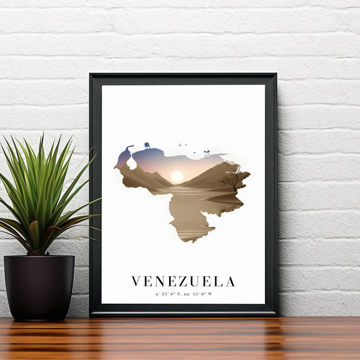 Scenic desert landscape art print illustrating the rolling sand dunes of Falcon state inside the geographic outline of Venezuela. Produced by MapYourDreams, you can order this design on fine art paper, mounted in protective frames, or as a canvas display.