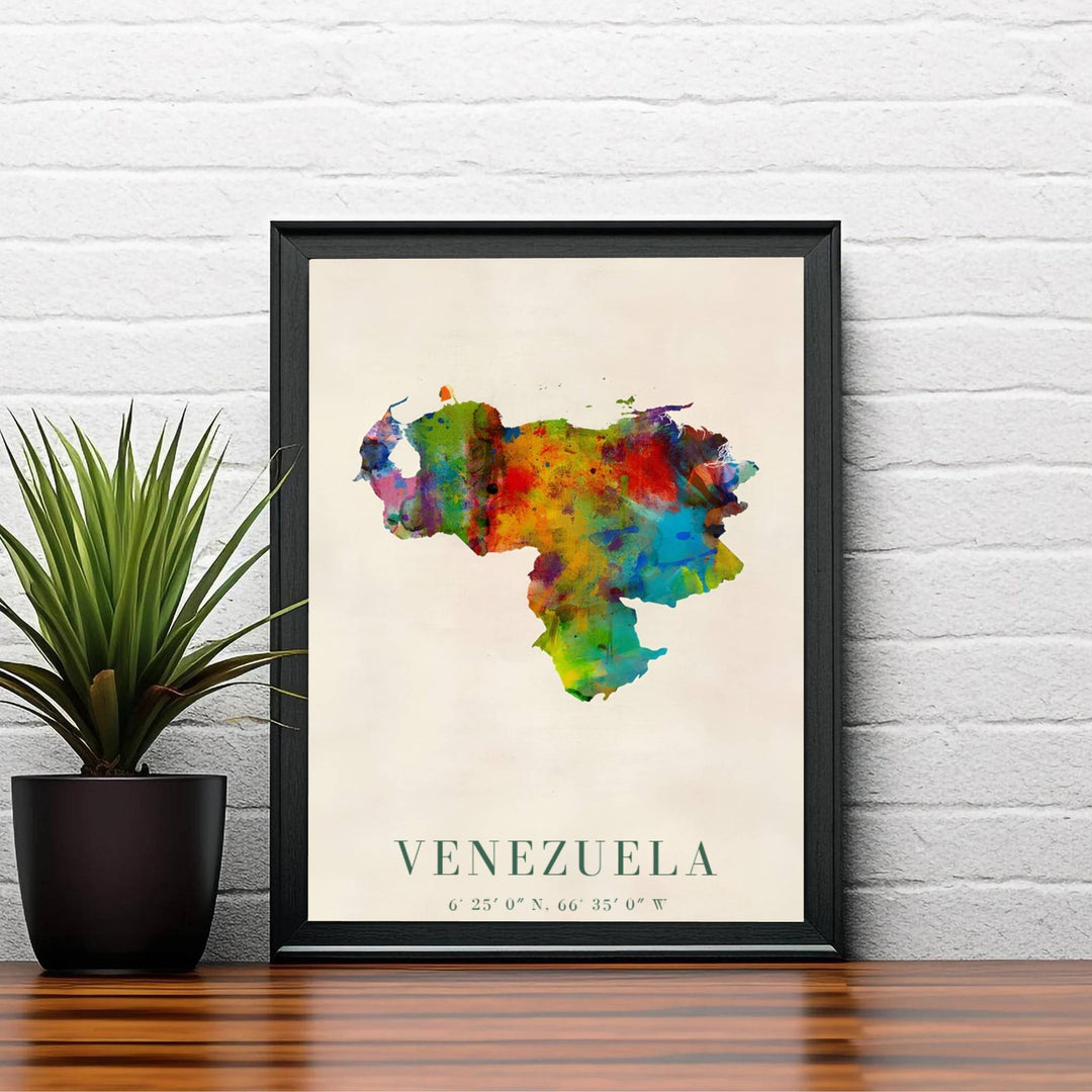 Detailed geography artwork representing the country shape and official national coordinates of Venezuela in a splash paint art style. Brought to you by MapYourDreams, this item can be ordered on archival paper, in custom wooden frames, or wrapped on canvas.