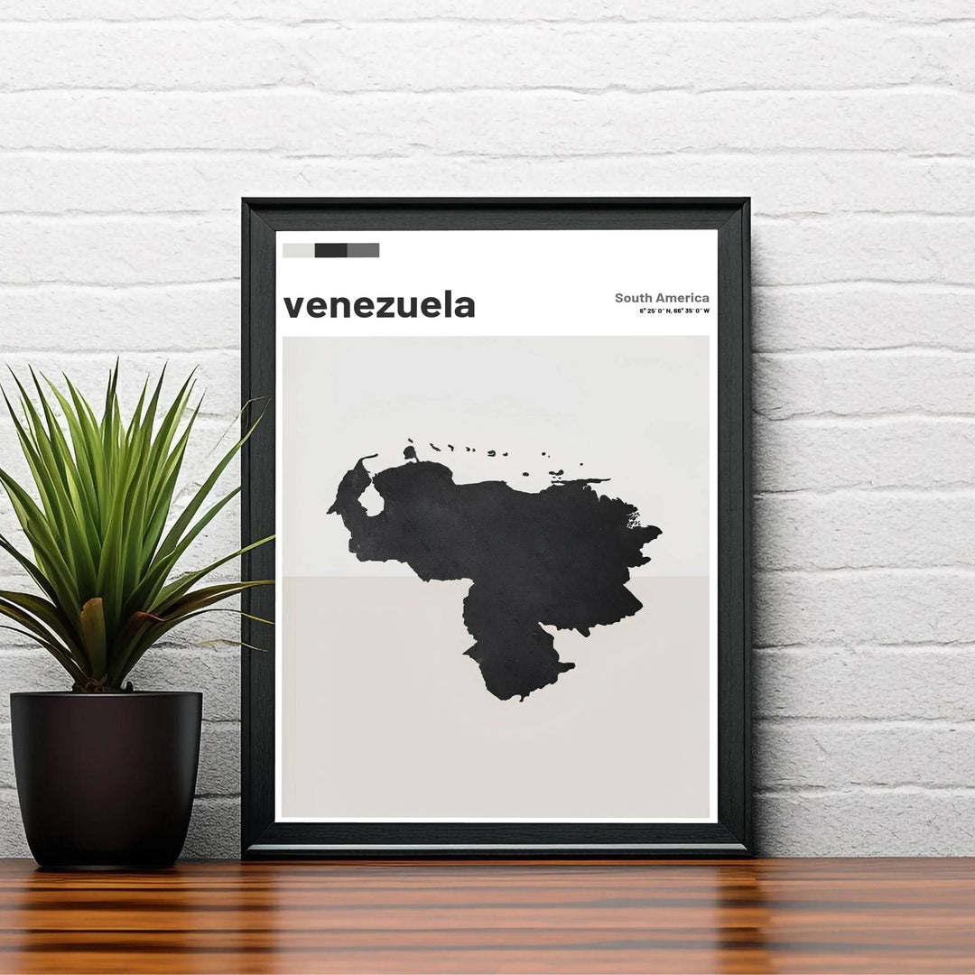 Elegant South American country silhouette poster depicting black map graphics, neutral tones, and official coordinates in a minimalist format. Created by MapYourDreams, this artwork is adaptable for any interior in unframed prints, solid wooden frames, or gallery canvas wraps.