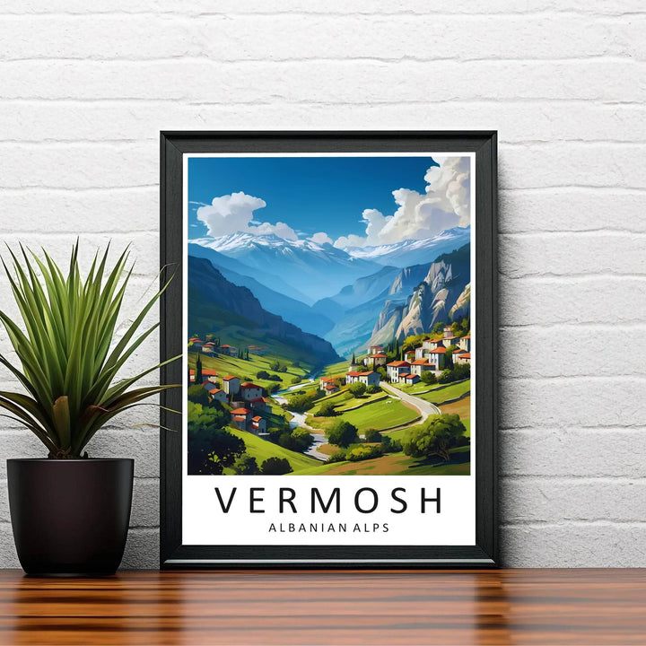 Warm daytime sunlight bathes the winding alpine streams and monumental peaks of Vermosh in this contemporary vector style travel illustration. Order this print as an unframed paper print, a sleek wood frame, or a gallery-wrapped canvas wrap to match your interior color scheme.
