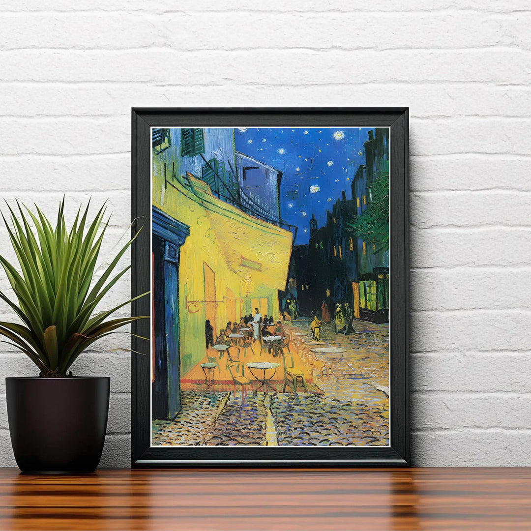 French post-impressionism fine art poster of Vincent van Gogh Cafe Terrace at Night 1888 showcasing starry night skies over Place du Forum in Arles France. MapYourDreams delivers archival framed wall art, unframed paper prints, and gallery canvas wall decor for stylish apartment interiors.