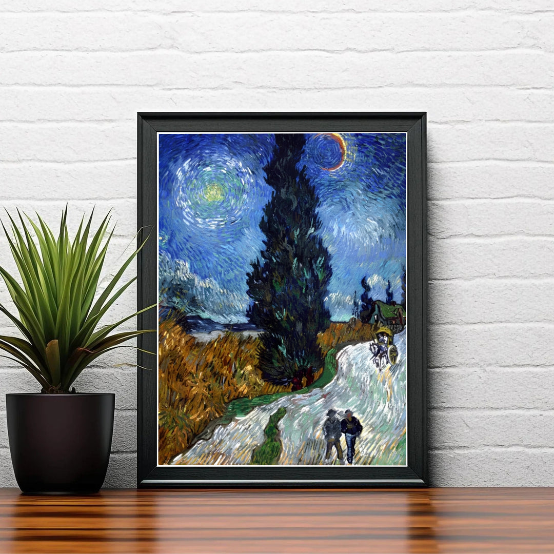 French post-impressionism fine art poster of Vincent van Gogh Country Road in Provence by Night 1890 illustrating a glowing crescent moon over Saint-Rémy-de-Provence France. MapYourDreams delivers archival framed wall art, unframed paper prints, and gallery canvas wall decor for apartment spaces.