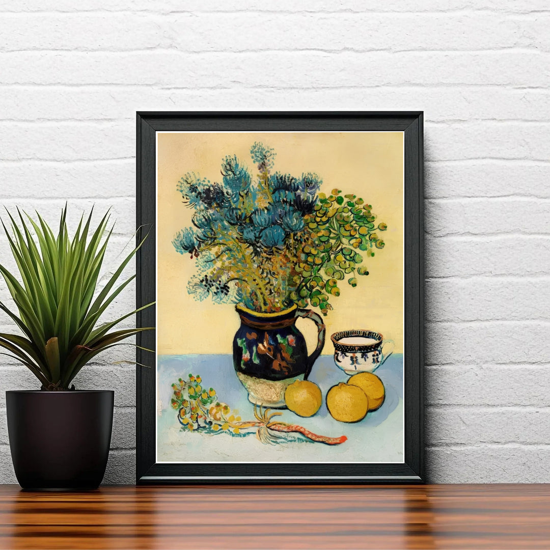 Expressive floral still life print of Vincent van Gogh Majolica Jar Wildflowers 1888 painted in Arles France on a sunny yellow backdrop. Shop high-definition framed prints, unframed paper posters, and stretched canvas options directly at MapYourDreams for classic layouts.