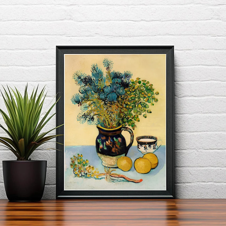 Expressive floral still life print of Vincent van Gogh Majolica Jar Wildflowers 1888 painted in Arles France on a sunny yellow backdrop. Shop high-definition framed prints, unframed paper posters, and stretched canvas options directly at MapYourDreams for classic layouts.