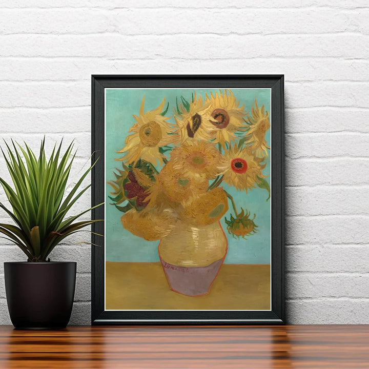 French Post-Impressionism fine art poster of Vincent van Gogh Sunflowers on Blue 1888 illustrating yellow petals in Arles France. MapYourDreams delivers archival framed wall art, unframed paper prints, and gallery canvas wall decor for stylish home interiors.