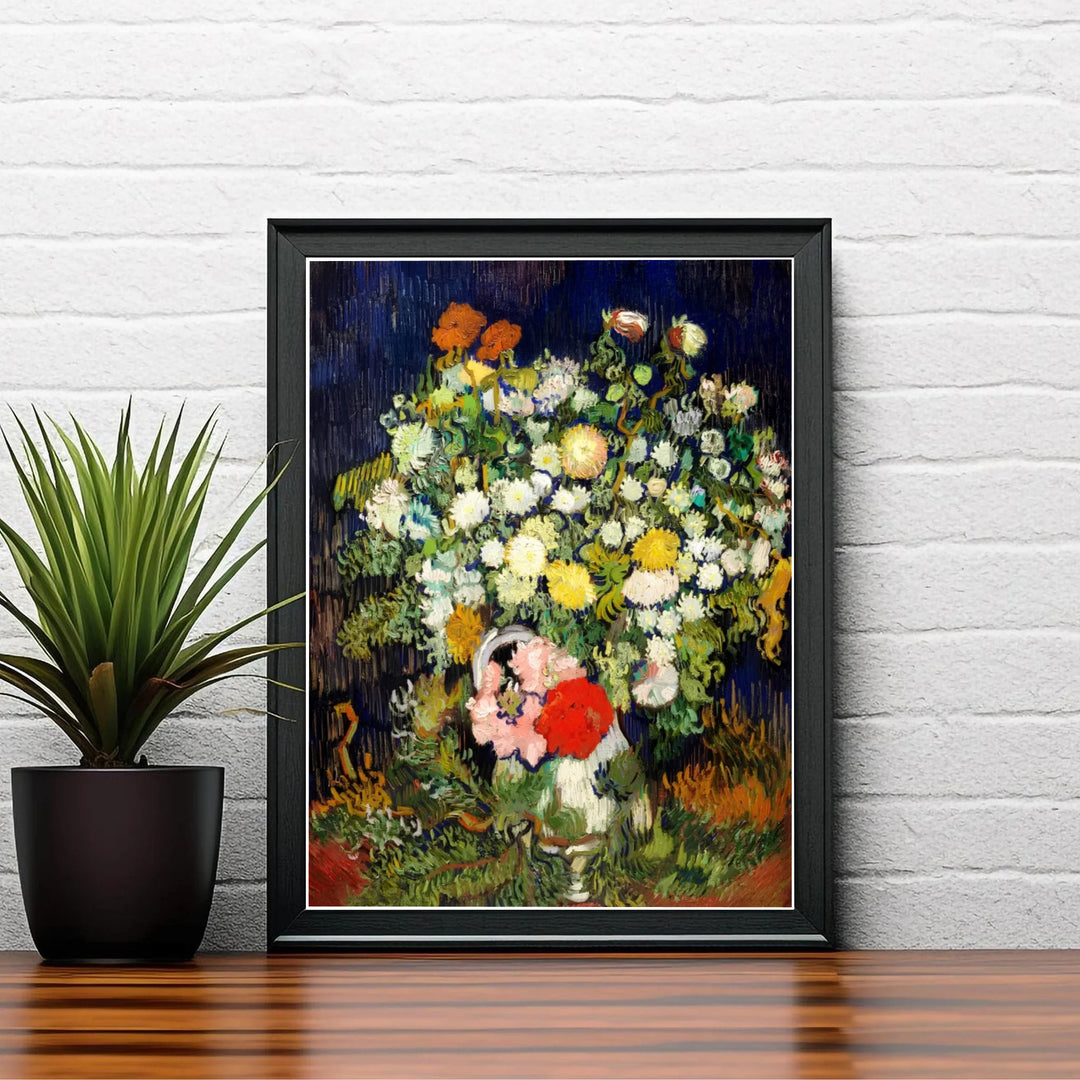 Expressive floral still life print of Vincent van Gogh Vase With Flowers 1890 painted in Auvers-sur-Oise France on a moody navy backdrop. Shop high-definition framed prints, unframed paper posters, and stretched canvas options directly at MapYourDreams for classic layouts.