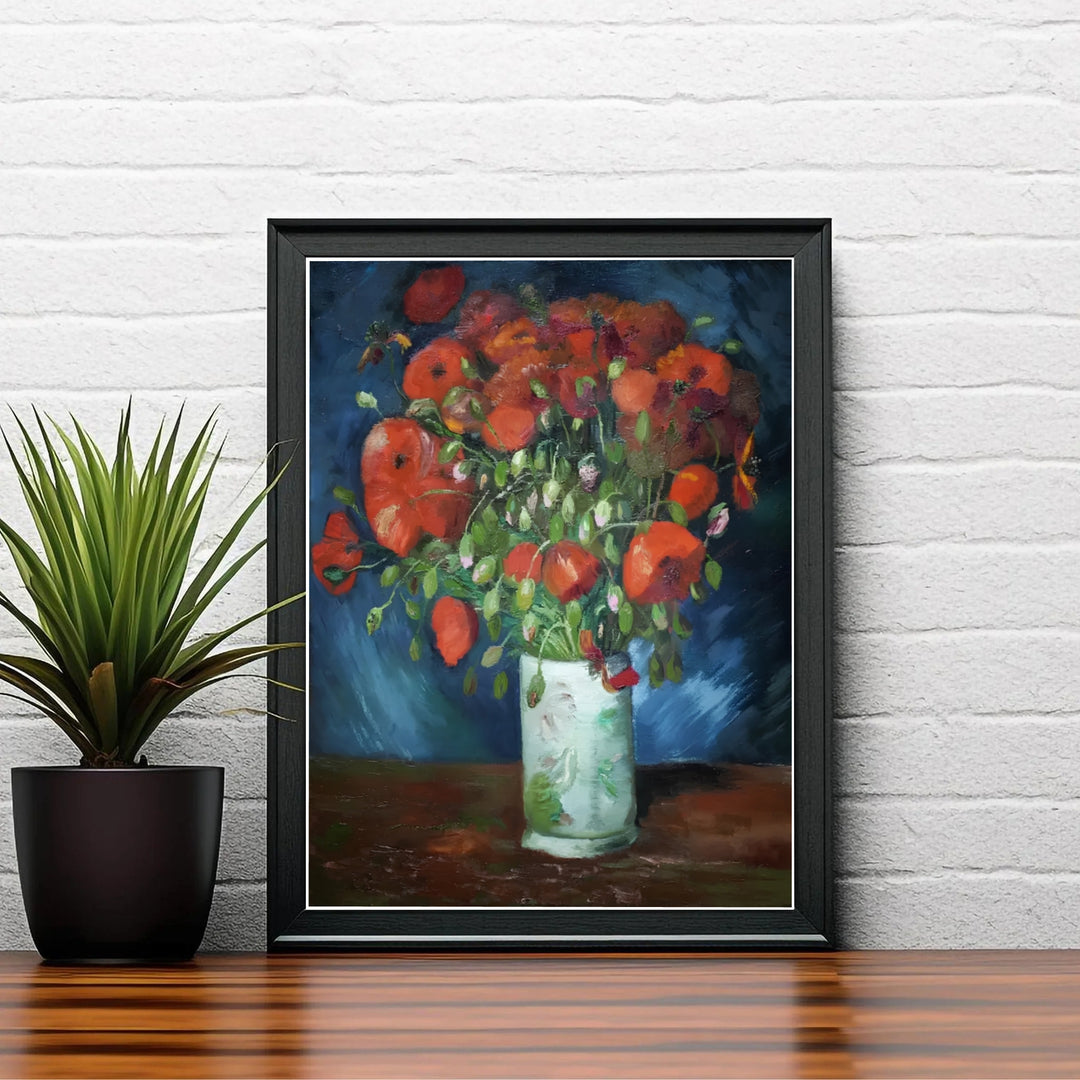 Historic 1886 artwork poster of Vincent van Gogh Vase With Red Poppies 1886 rendered with intense red pigments in Paris France. Order custom framed prints, unframed paper wall art, or gallery canvas options from MapYourDreams to transform your living room aesthetics.