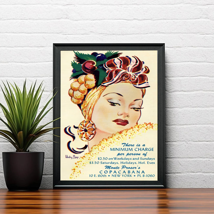 Vintage style Copacabana New York graphic print displaying 1940s showgirl artwork and historical phone exchange codes, created by MapYourDreams with options for unframed poster prints, stretched canvas wall art, or custom frames in retro black and retro white moulding.