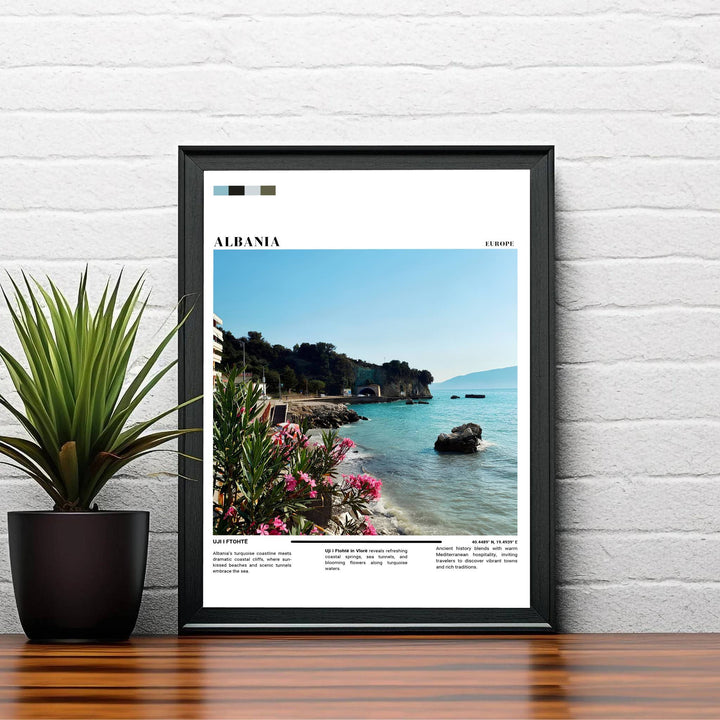 Warm daytime sunlight bathes the sparkling Ionian waters and coastal greenery of Vlorë in this editorial photography style travel illustration. Order this print as an unframed paper print, a sleek wood frame, or a gallery-wrapped canvas wrap to match your interior color scheme.