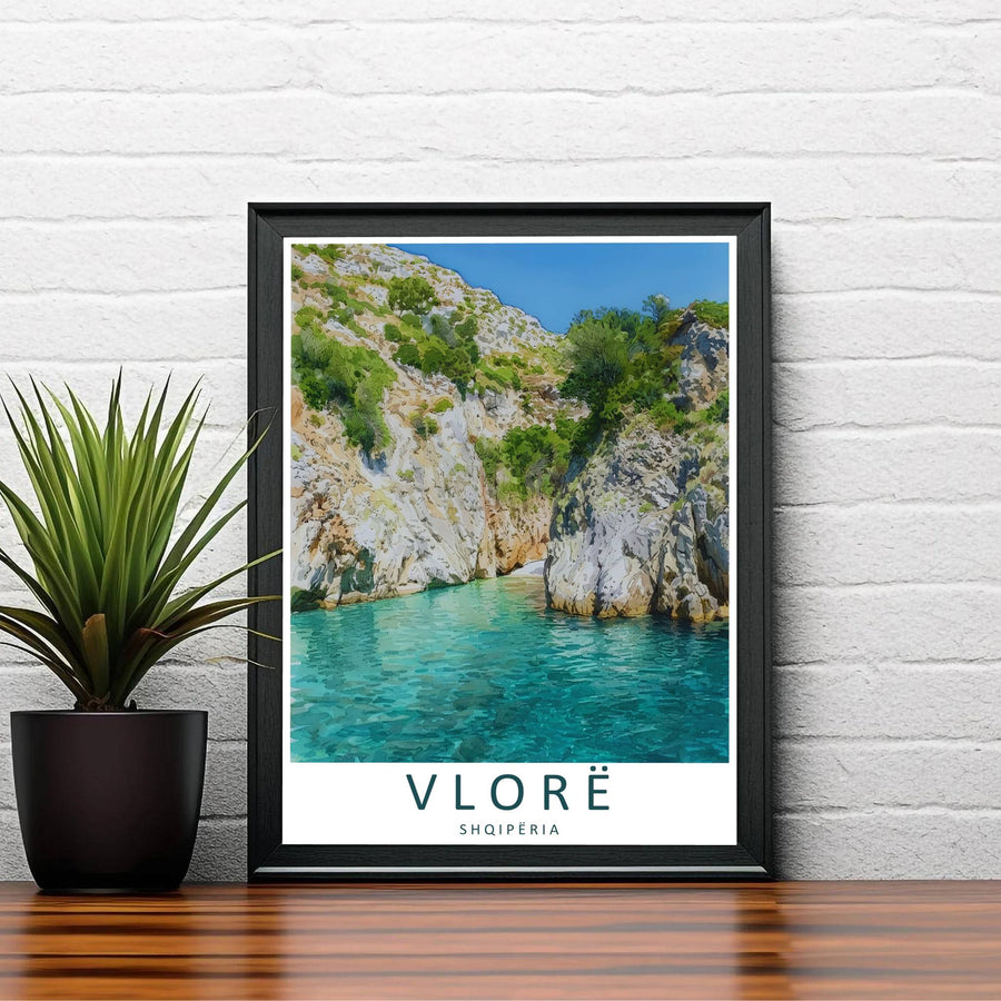 Warm daytime sunlight bathes the secluded shoreline and monumental limestone cliffs of Gjipe in this contemporary vector style travel illustration. Order this print as an unframed paper print, a sleek wood frame, or a gallery-wrapped canvas wrap to match your interior color scheme.