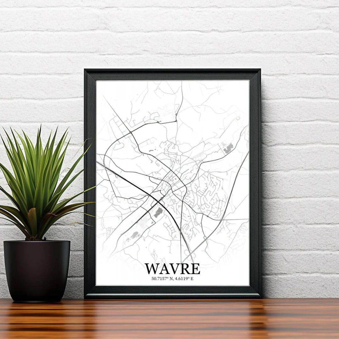 Artistic street layout design depicting Wavre in Walloon Brabant, Belgium, rendered in crisp black vector lines and subtle grey accents. Offered by MapYourDreams, this artwork is available in flexible options including unframed paper, custom wooden frames, and gallery canvas wraps.