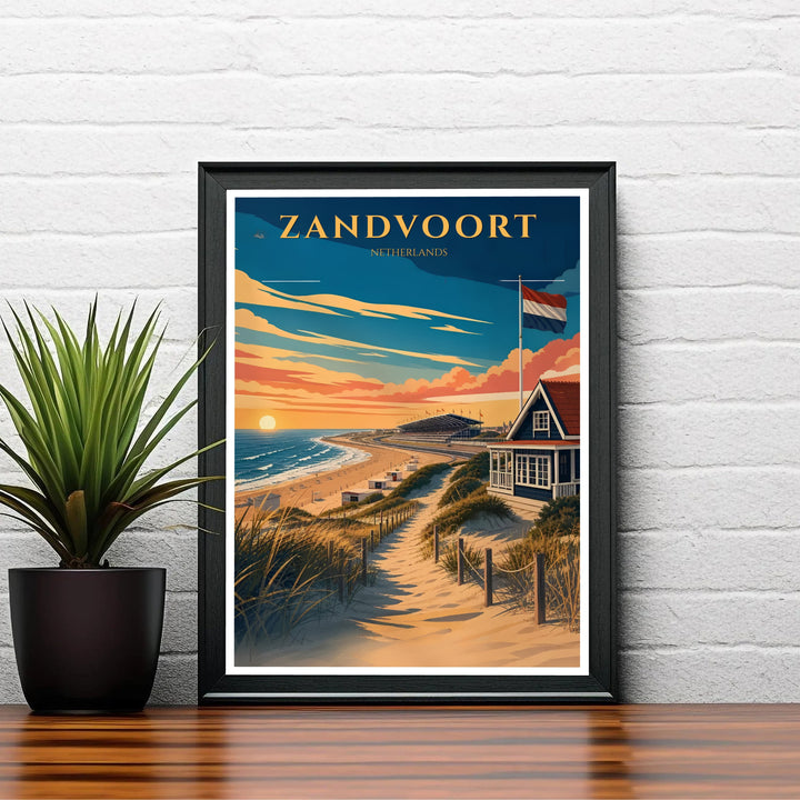 Golden hour beach wall art displaying the North Sea coast and grandstand curves of Circuit Zandvoort in the Netherlands, offered by MapYourDreams where options include unframed paper prints, gallery wrapped canvas decor, or custom frame styling designed to enhance game room layouts.