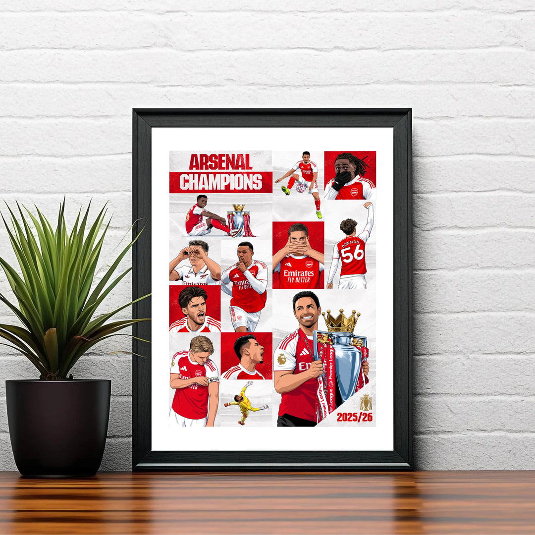 Dynamic Arsenal FC 25/26 title winning team poster print featuring player celebrations at Emirates Stadium, available as unframed prints, framed options, or canvas wall decor.