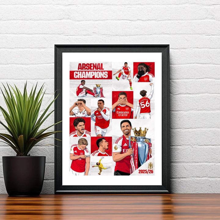 Dynamic Arsenal FC 25/26 title winning team poster print featuring player celebrations at Emirates Stadium, available as unframed prints, framed options, or canvas wall decor.