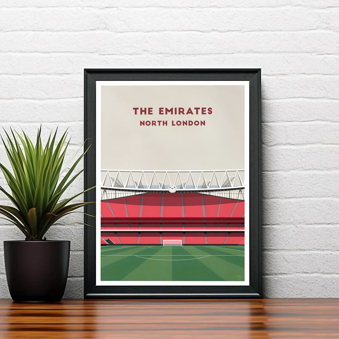 Modern Arsenal stadium visual print detailing the interior view of Emirates Stadium and red stands, available as unframed prints, framed wall art, or gallery canvas options for home decor.
