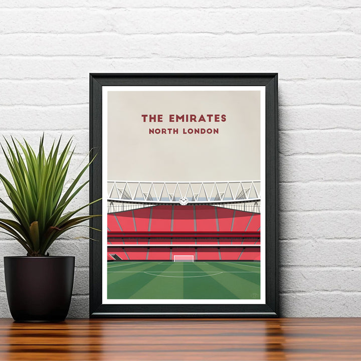 Modern Arsenal stadium visual print detailing the interior view of Emirates Stadium and red stands, available as unframed prints, framed wall art, or gallery canvas options for home decor.