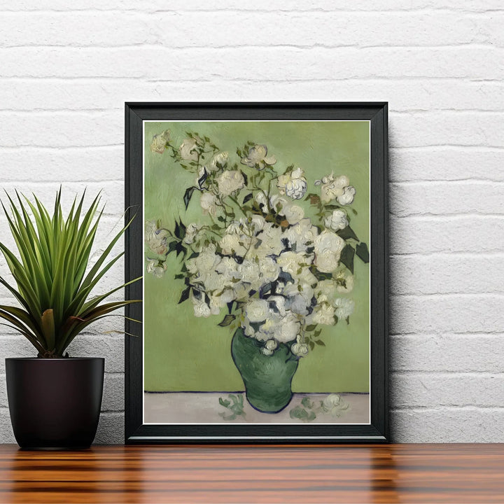 Expressive floral still life print of Vincent van Gogh Roses 1890 painted in Saint-Remy-de-Provence France on a tranquil green backdrop. Shop high-definition framed prints, unframed paper posters, and stretched canvas options directly at MapYourDreams for classic layouts.