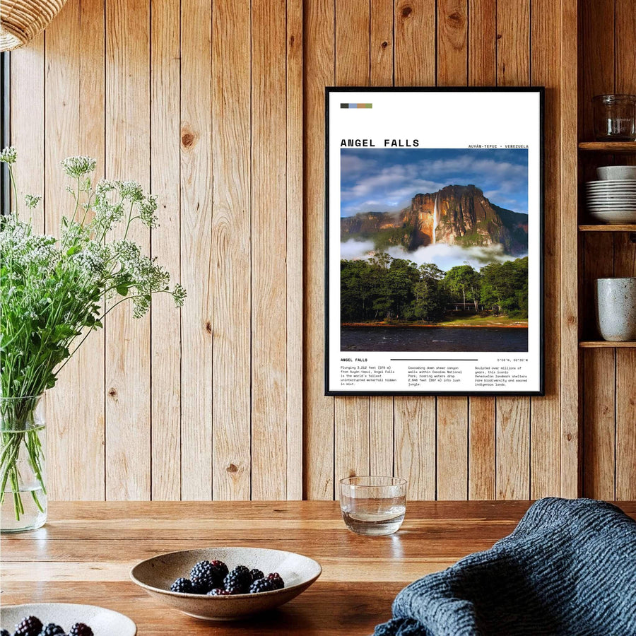 Detailed geography and nature poster representing the biodiversity and sacred indigenous lands of Canaima National Park. Brought to you by MapYourDreams, this item can be ordered on archival paper, in custom wooden frames, or wrapped on canvas.