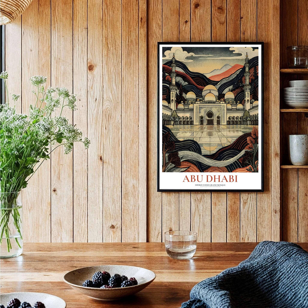 Symmetrical woodblock architectural print of Abu Dhabi Sheikh Zayed Grand Mosque reflection pool and domes. Curated by MapYourDreams, this artwork is available in flexible options including unframed paper, custom wooden frames, and gallery canvas wraps tailored for home interiors.