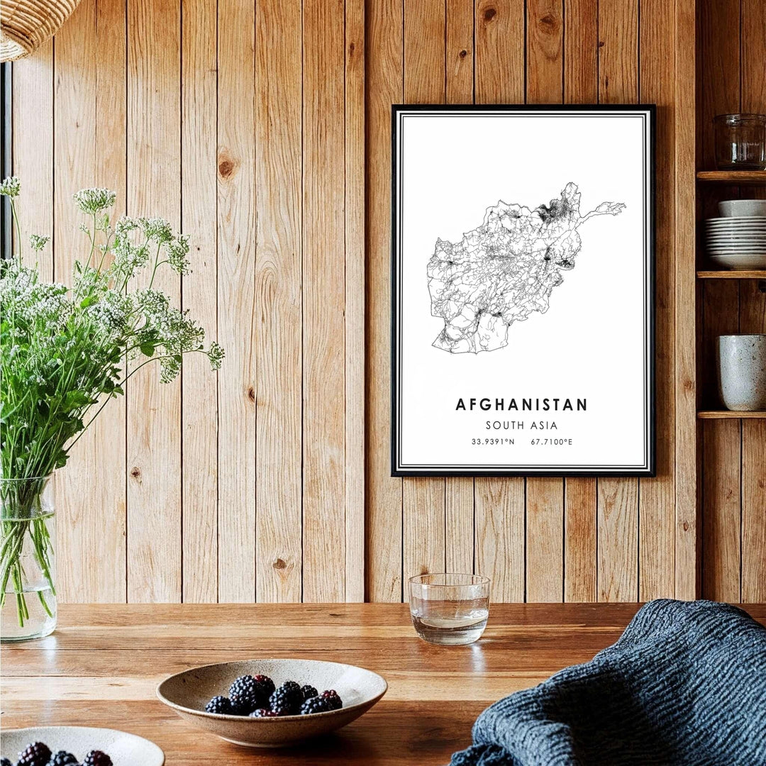 South Asia geographic map artwork of Afghanistan rendered in crisp vector road network lines, created by MapYourDreams with choices including unframed poster prints, canvas wall decor, or custom framed prints in natural wood, black, and silver frame selections.