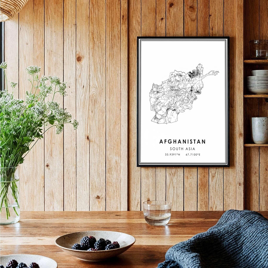 South Asia geographic map artwork of Afghanistan rendered in crisp vector road network lines, created by MapYourDreams with choices including unframed poster prints, canvas wall decor, or custom framed prints in natural wood, black, and silver frame selections.
