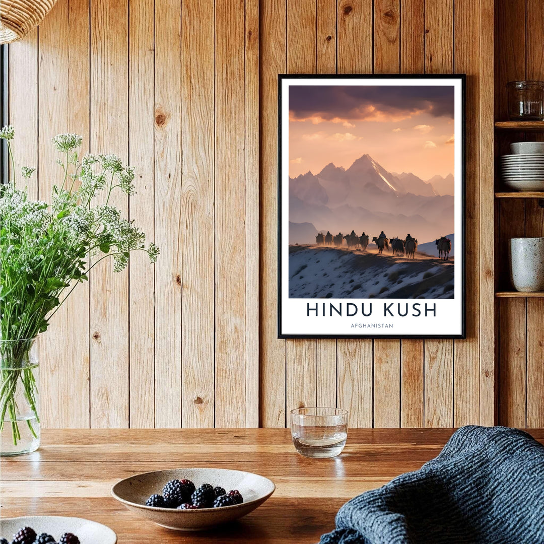Elegant mountain travel poster of the Hindu Kush mountains in Afghanistan with clean typography and sunset lighting, provided by MapYourDreams as an unframed print, ready to hang gallery canvas, or custom framed art print in pure gold frames for executive desk setups and personal study rooms.