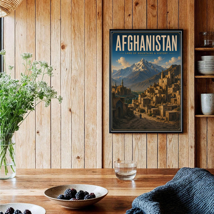 Elegant retro travel artwork poster of Afghanistan with bold header typography and historic village scenery, provided by MapYourDreams as an unframed print, ready to hang gallery canvas, or custom framed art print in pure gold frames for executive desk setups and personal study rooms.
