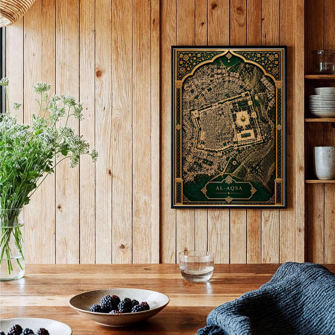 Vintage cartographic map of Jerusalem Old City showcasing Al Aqsa Compound in deep green tones. Handcrafted by MapYourDreams, this artwork is available in flexible options including unframed paper, custom wooden frames, and gallery canvas wraps for art gallery walls.