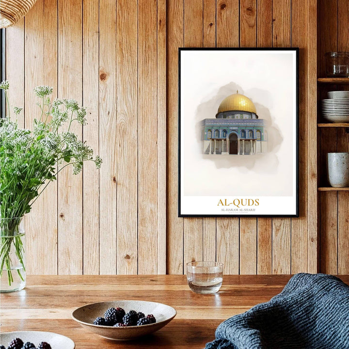 Artistic watercolor print of the historic Dome of the Rock in Jerusalem with delicate washes and clean lines. Curated by MapYourDreams, this artwork is available in flexible options including unframed paper, custom wooden frames, and gallery canvas wraps tailored for interior design.