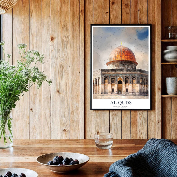 Artistic Islamic architecture poster featuring Al-Haram Al-Sharif Dome of the Rock in Jerusalem Palestine under textured sky. Supplied by MapYourDreams, this artwork is available in flexible options including unframed paper, custom wooden frames, and gallery canvas wraps for stylish decor.
