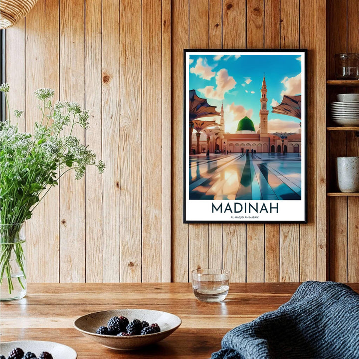Artistic travel poster of Madinah Saudi Arabia featuring the famous Green Dome of Al Masjid An Nabawi. Curated by MapYourDreams, this artwork is available in flexible options including unframed paper, custom wooden frames, and gallery canvas wraps tailored for home interiors.