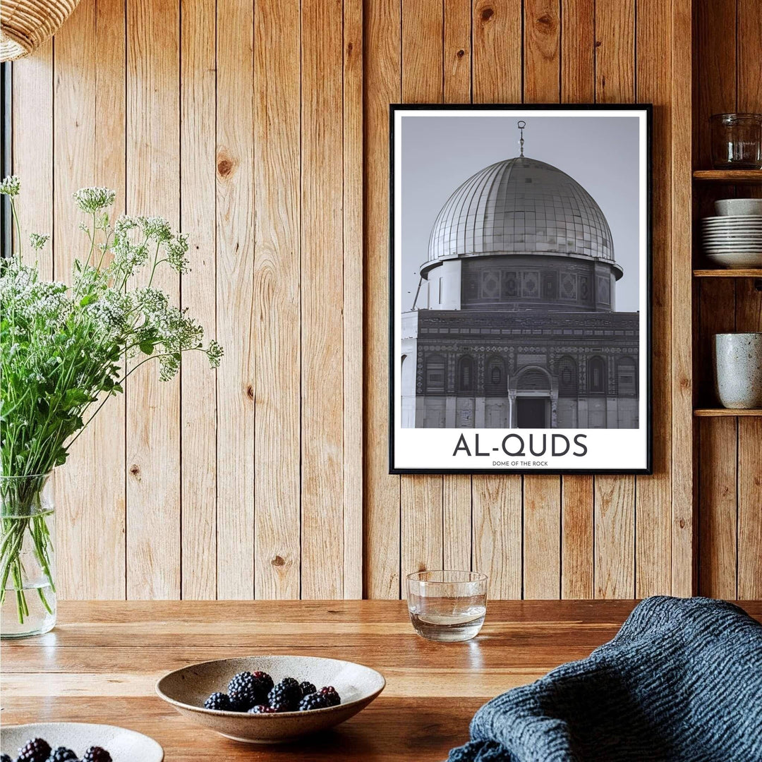 Artistic black and white print of the historic Dome of the Rock in Jerusalem with sharp architectural lines and tile patterns. Curated by MapYourDreams, this artwork is available in flexible options including unframed paper, custom wooden frames, and gallery canvas wraps tailored for interior design.
