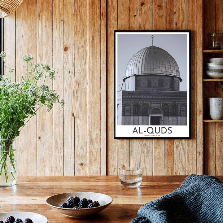 Artistic black and white print of the historic Dome of the Rock in Jerusalem with sharp architectural lines and tile patterns. Curated by MapYourDreams, this artwork is available in flexible options including unframed paper, custom wooden frames, and gallery canvas wraps tailored for interior design.