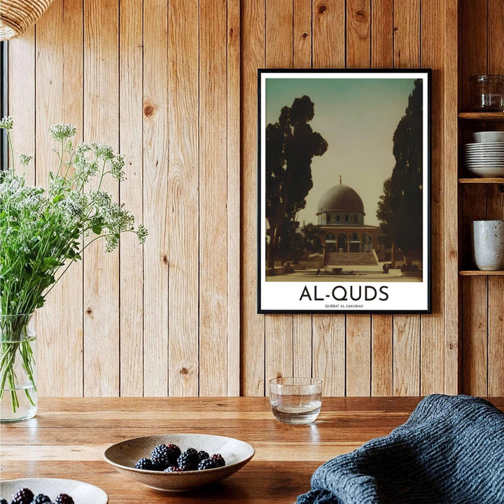 Artistic vintage print of the historic Dome of the Rock in Jerusalem with soft focus sepia tones and classic steps. Curated by MapYourDreams, this artwork is available in flexible options including unframed paper, custom wooden frames, and gallery canvas wraps tailored for interior design.