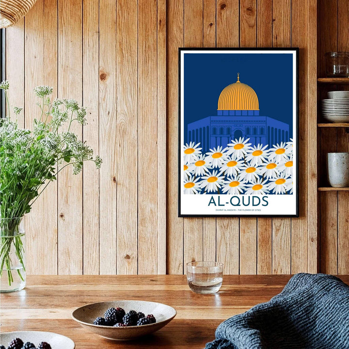 Artistic vector print of the historic Dome of the Rock in Jerusalem with white daisies and golden marigold centers. Curated by MapYourDreams, this artwork is available in flexible options including unframed paper, custom wooden frames, and gallery canvas wraps tailored for interior design.