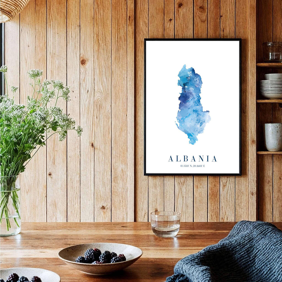 Vibrant azure blue watercolor map print depicting Albania, perfect for travel enthusiasts, geography lovers, and fine art collection displays alike. Offered by MapYourDreams, this artwork is available in flexible options including unframed paper, custom wooden frames, and gallery canvas wraps for room decor.