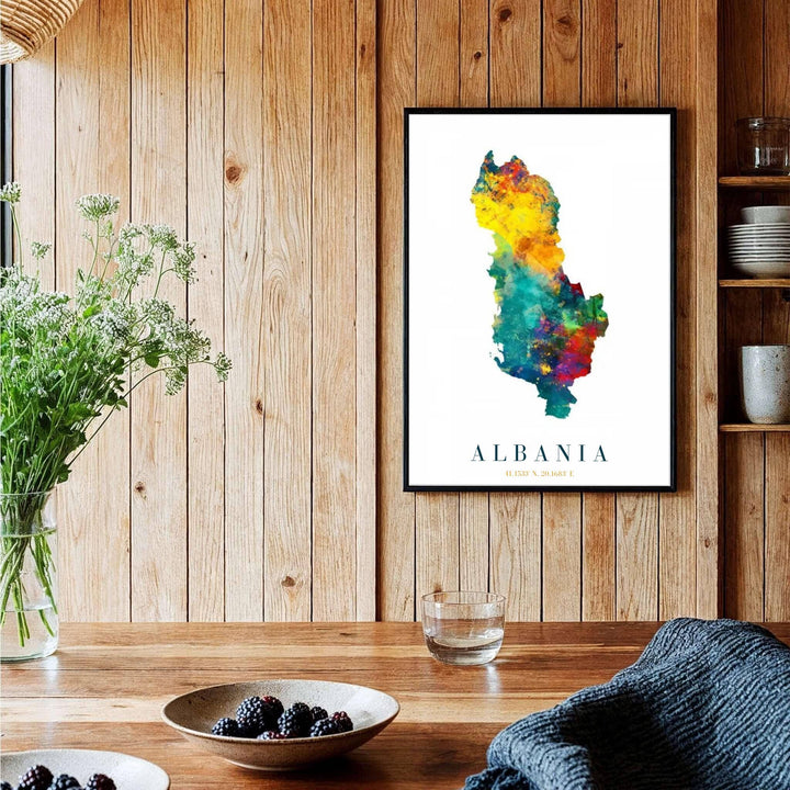 Sophisticated Albania travel art print in rich multicolored watercolor textures, bringing joyful energy and cartographic style into your room. Offered by MapYourDreams, this artwork is available in flexible options including unframed paper, custom wooden frames, and gallery canvas wraps.