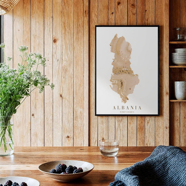 Beautiful gold accent map print featuring the national silhouette of Albania, combining fluid marble art textures with clean geographic coordinates. Offered by MapYourDreams, this artwork is available in flexible options including unframed paper, custom wooden frames, and gallery canvas wraps.