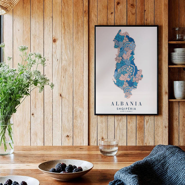 Sophisticated Albania travel art print in deep navy and pastel pink botanical textures, bringing folk-inspired cartographic elegance into your home. Offered by MapYourDreams, this artwork is available in flexible options including unframed paper, custom wooden frames, and gallery canvas wraps.