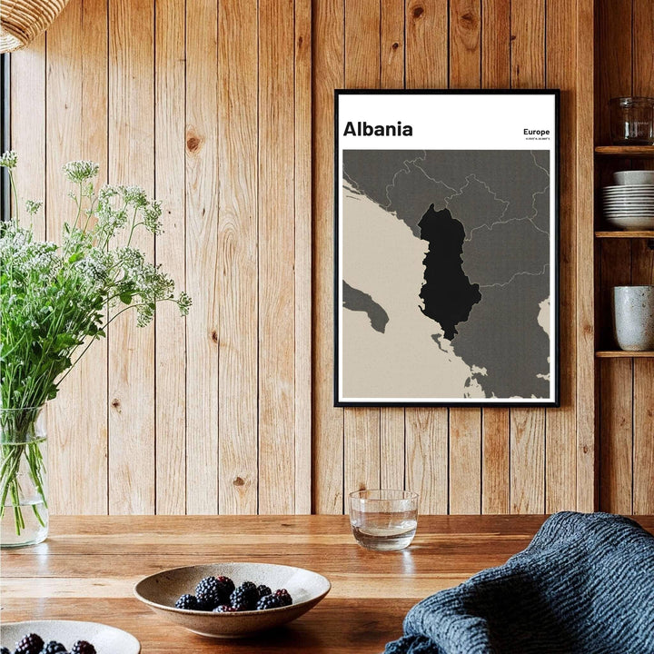 Sophisticated Albania travel art print in bold black and grey textures, bringing architectural cartographic style and Balkan heritage into your space. Offered by MapYourDreams, this artwork is available in flexible options including unframed paper, custom wooden frames, and gallery canvas wraps.