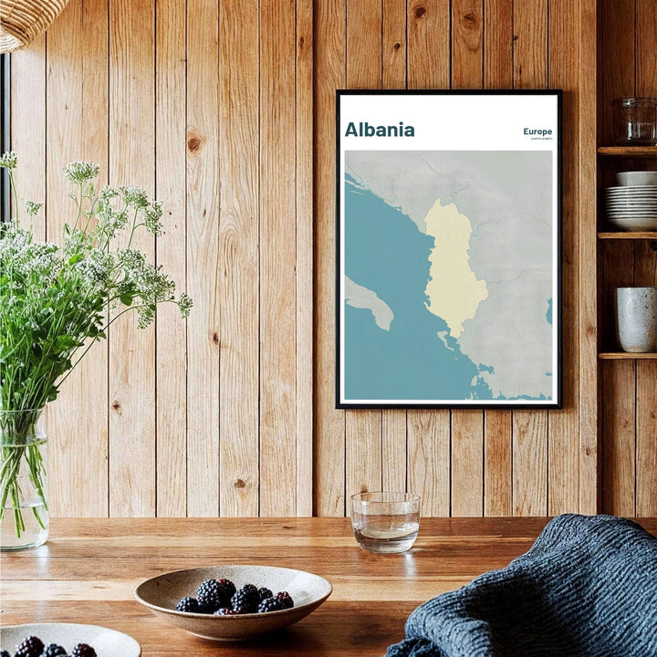 Sophisticated Albania travel art print in gentle teal blue and grey textures, bringing architectural cartographic style and European charm into your space. Offered by MapYourDreams, this artwork is available in flexible options including unframed paper, custom wooden frames, and gallery canvas wraps.