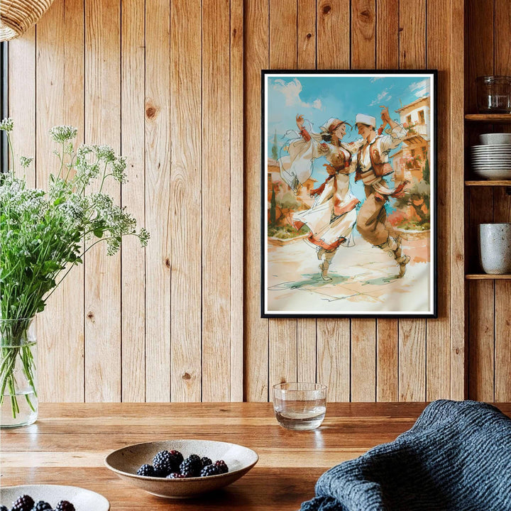 Sophisticated Albania travel art print in vivid crimson and terracotta painterly textures, bringing Balkan dance traditions and joy into your home. Offered by MapYourDreams, this artwork is available in flexible options including unframed paper, custom wooden frames, and gallery canvas wraps.