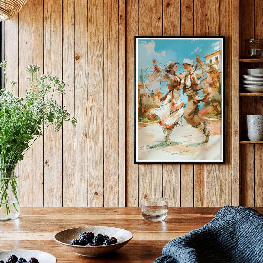 Sophisticated Albania travel art print in vivid crimson and terracotta painterly textures, bringing Balkan dance traditions and joy into your home. Offered by MapYourDreams, this artwork is available in flexible options including unframed paper, custom wooden frames, and gallery canvas wraps.
