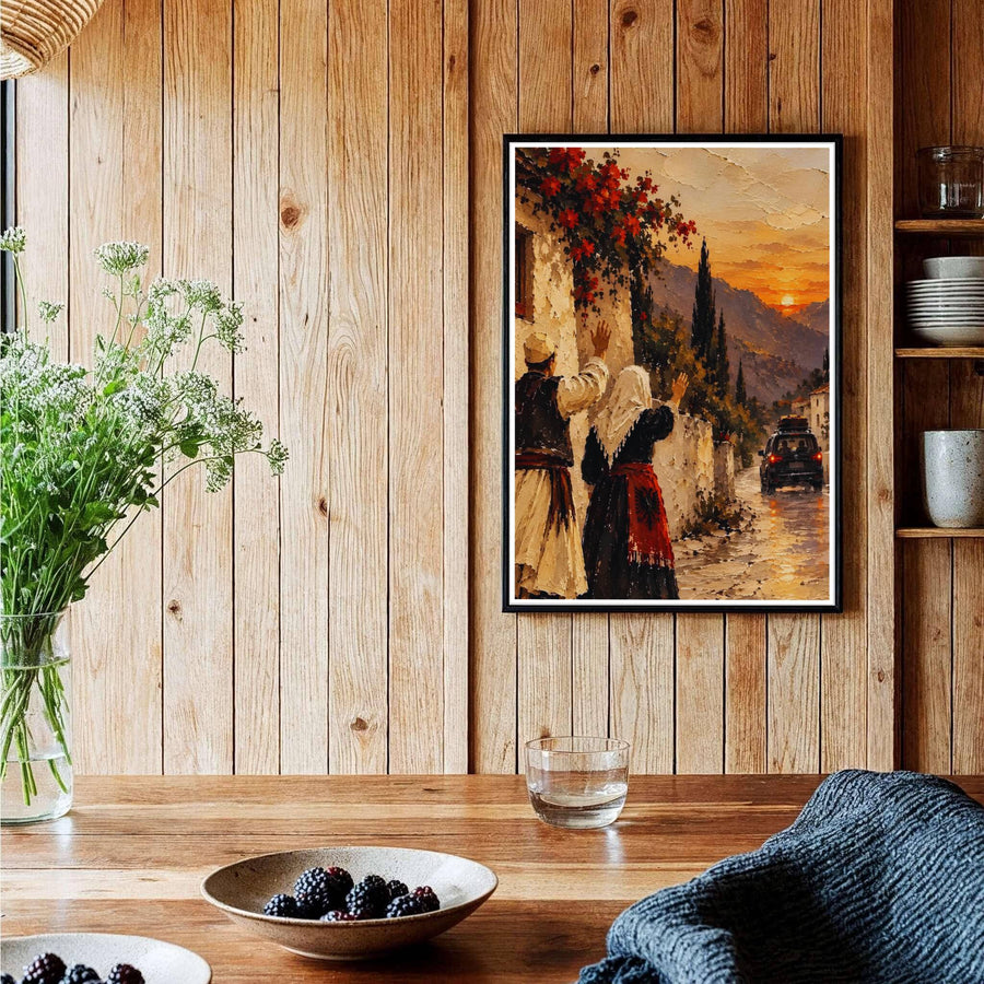 Sophisticated Albania travel art print in vivid orange sunset and terracotta impasto paint textures, bringing Balkan village nostalgia into your space. Offered by MapYourDreams, this artwork is available in flexible options including unframed paper, custom wooden frames, and gallery canvas wraps.