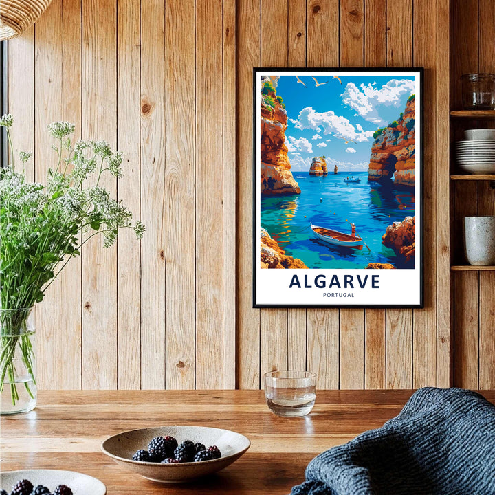 Deep azure sea reflections and vibrant orange rock cliffs bring this Portugal wall art to life, showcasing the famous Benagil sea cave coastline. Select from an unframed paper poster, wrapped canvas, or framed wall art setup.