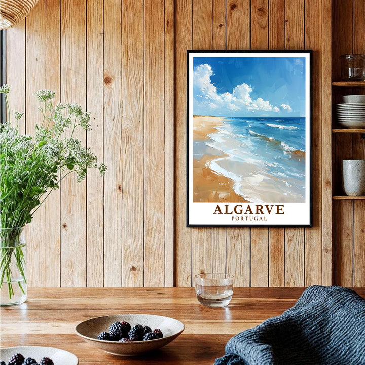 A sunlit ocean tide along the Portuguese coast at Algarve Beach, Portugal highlights this travel poster print. Shop premium framed, unframed, and canvas options online today from MapYourDreams for serene wall spaces.