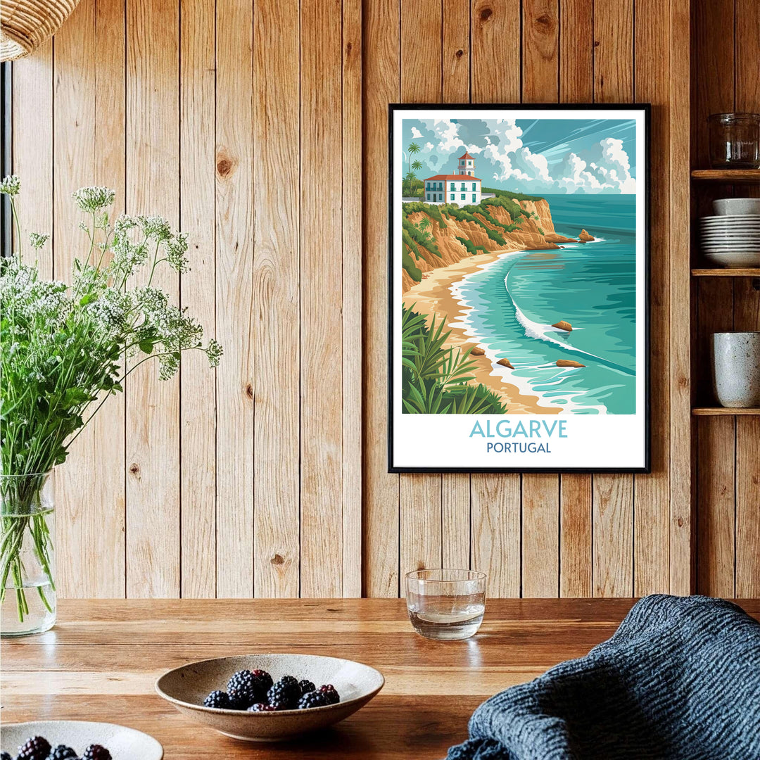 Bright turquoise ocean waves roll onto a secluded sandy shore in this Algarve print, offered in a classic bronze frame or as a flexible unframed print format from MapYourDreams.