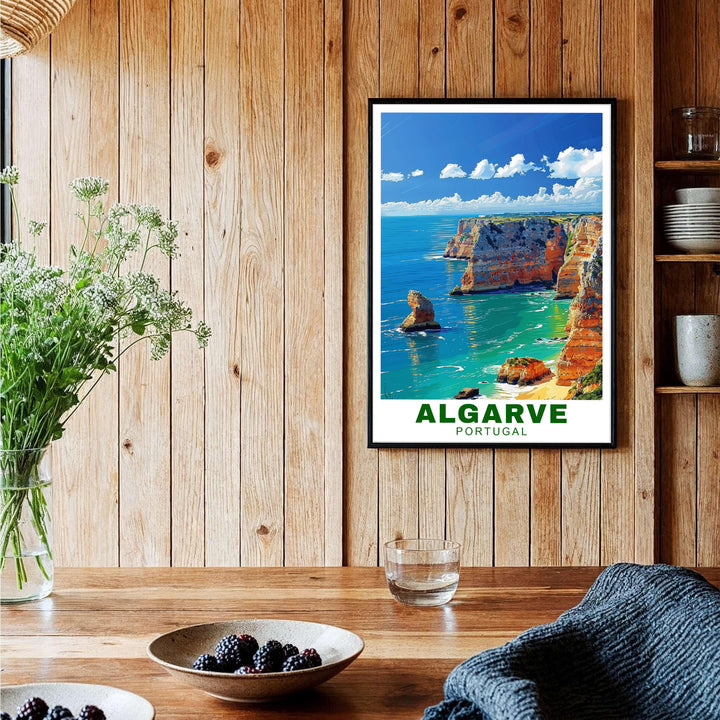 Bold graphic travel art and crisp green typography define this Algarve Cliffs, Portugal print. MapYourDreams offers fine art framed, unframed, and canvas poster options to elevate home office wall decor setups.