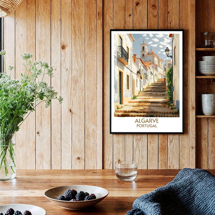 A sunlit historic alley view leading up to Se de Faro at Faro Old Town, Portugal highlights this travel poster print. Shop premium framed, unframed, and canvas options online today from MapYourDreams for wall spaces.